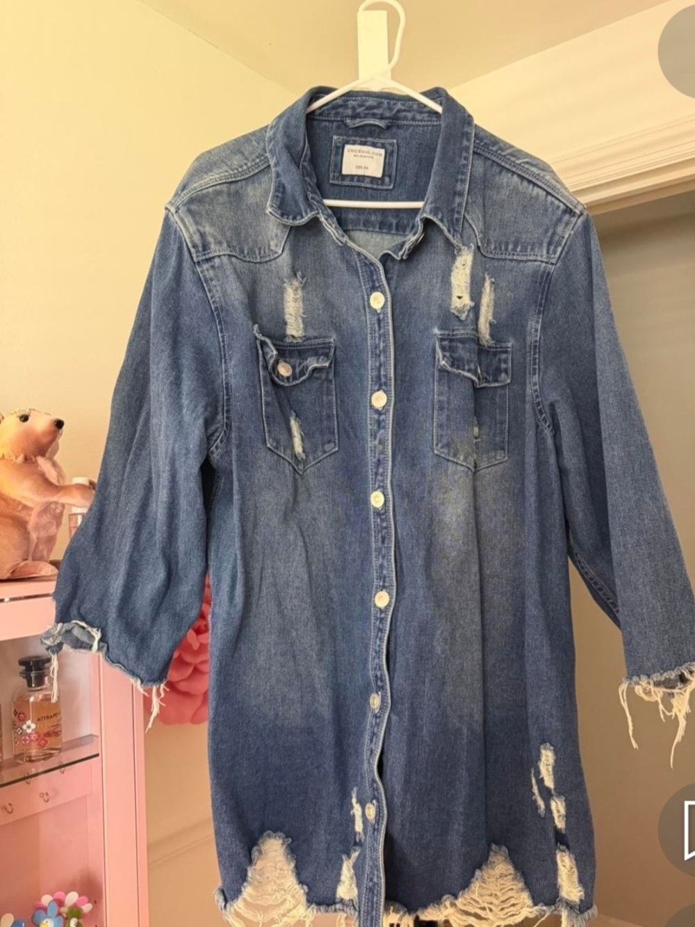 Denim Distressed Button-Front Jacket Or Dress - Blue
